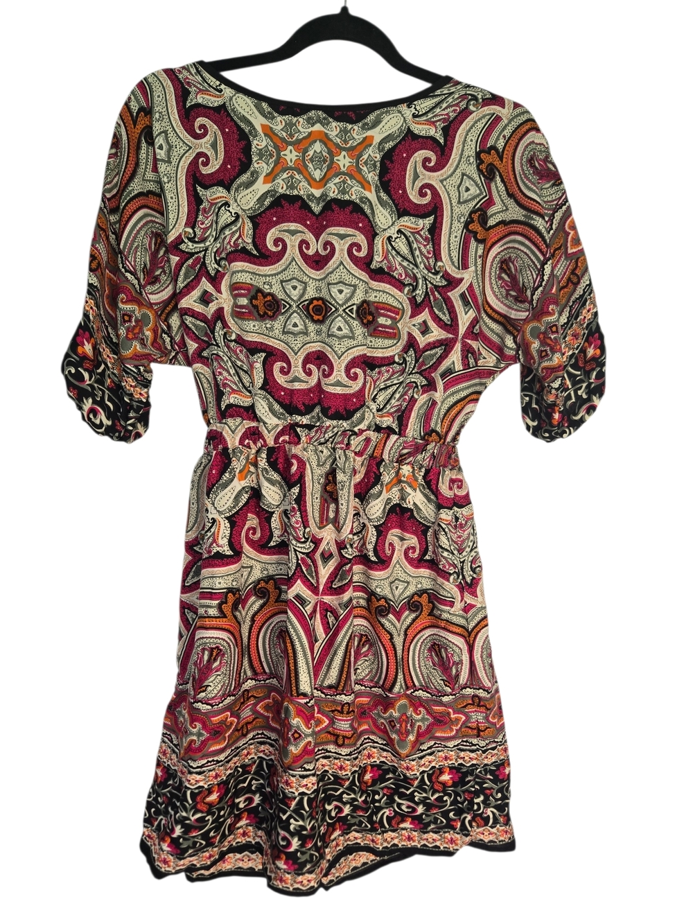 Angie NWT Boho Paisley Mini Dress S Short Sleeve Pink Orange Mosaic Elastic Wais